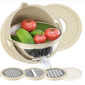 4-1 Colander with Bowl Set - Rotatable Food Strainers and Colander - Beige